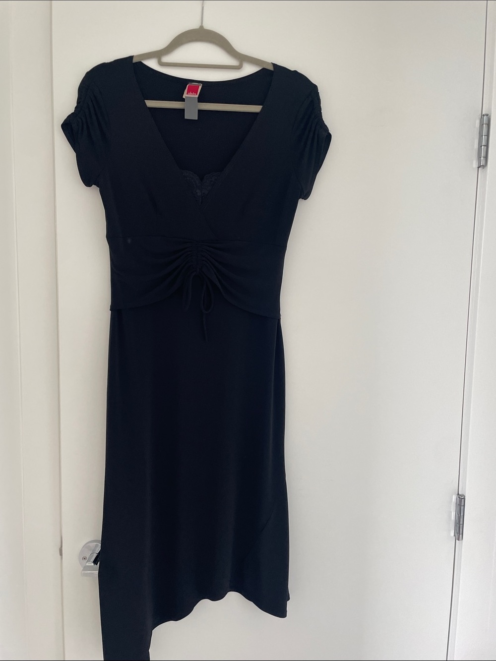 Women's Black Midi Dress with Gathered Waist and V-Neck
